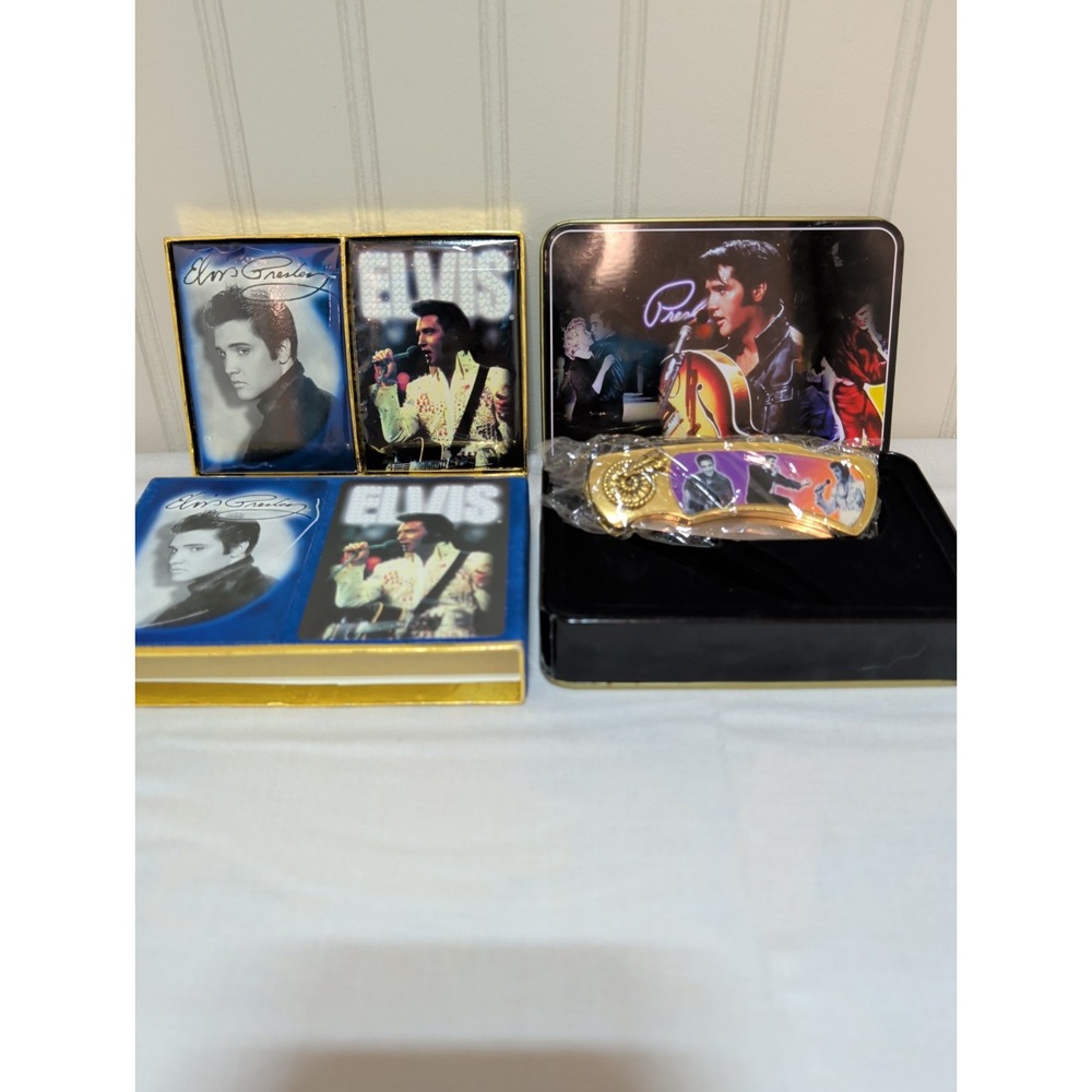 Elvis Presley Memorabilia Novelty Pocket Knife with Tin & 2 Decks Playing Cards